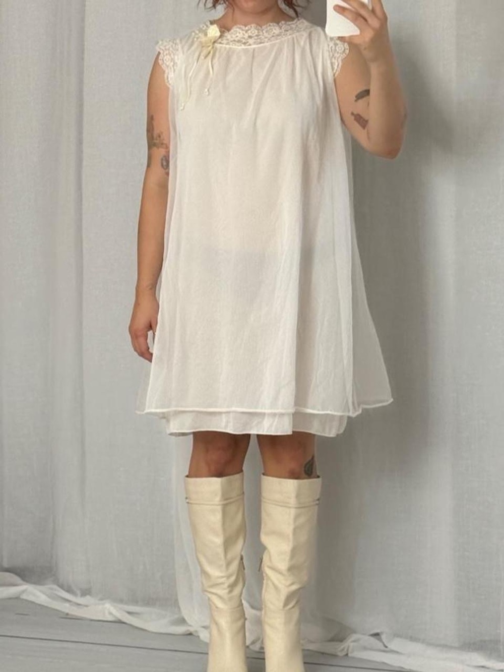 ✿ vintage 60s sheer babydoll nightgown • ivory lace chiffon mini dress